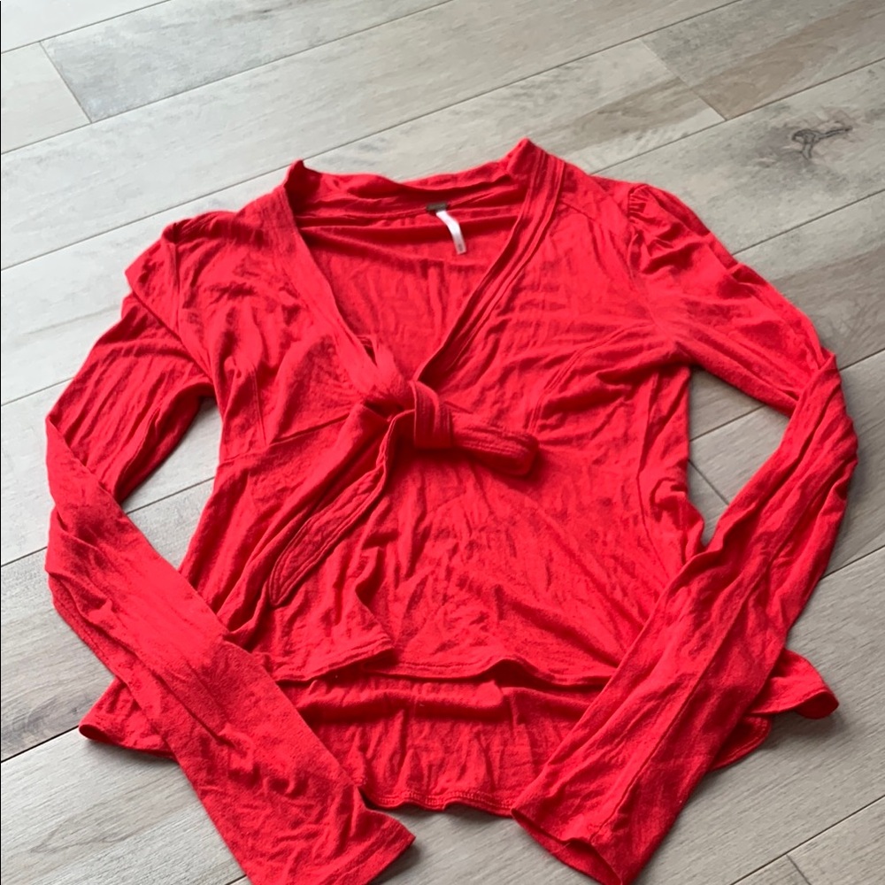Free People Red Long Sleeve Tie-Front Top